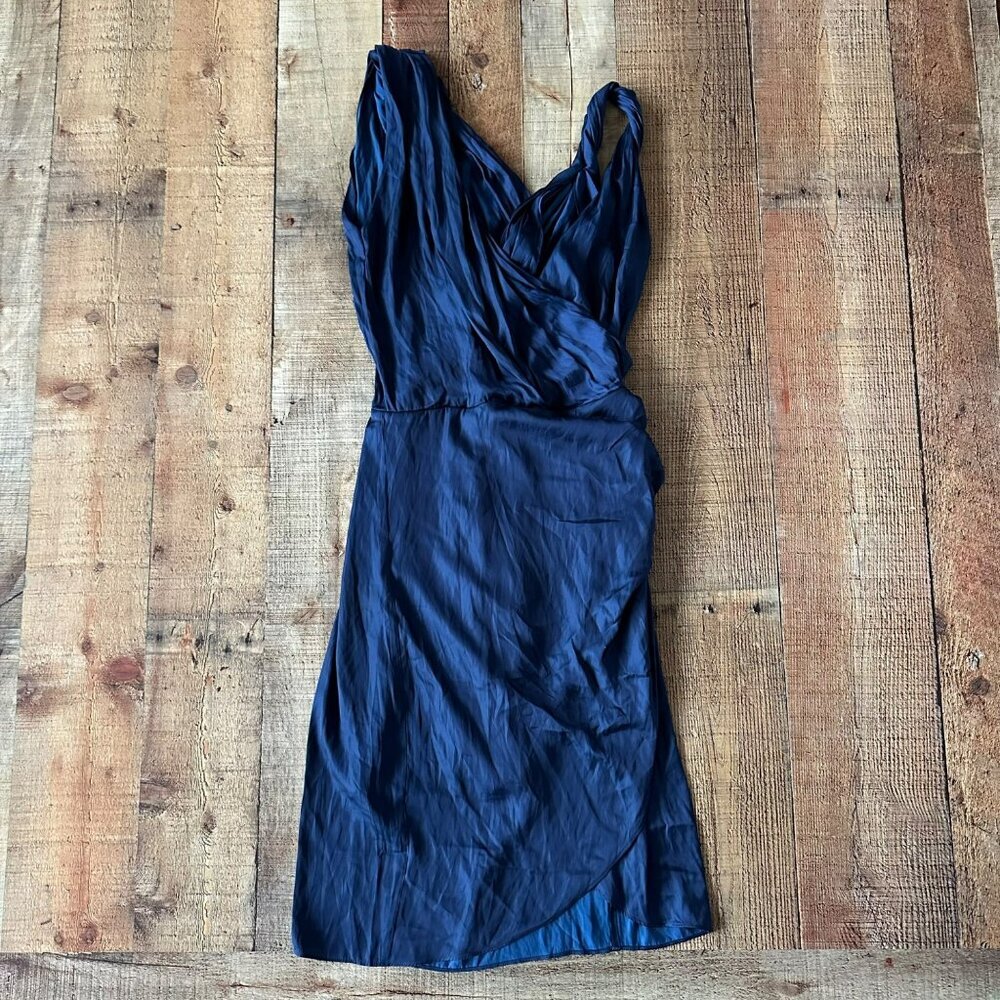 Reiss Womens Size 4 Zaria Drape Navy Satin Dress Sleeveless Ruched Bodycon Mini